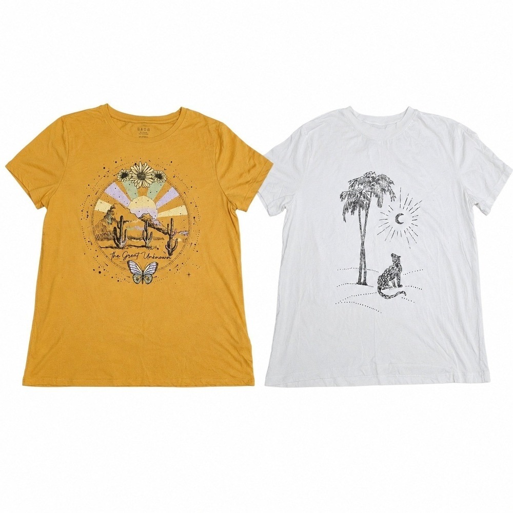 GABB & H&M Women Graphic T-Shirt Bundle Yellow Desert White Leopard Size L 2pk